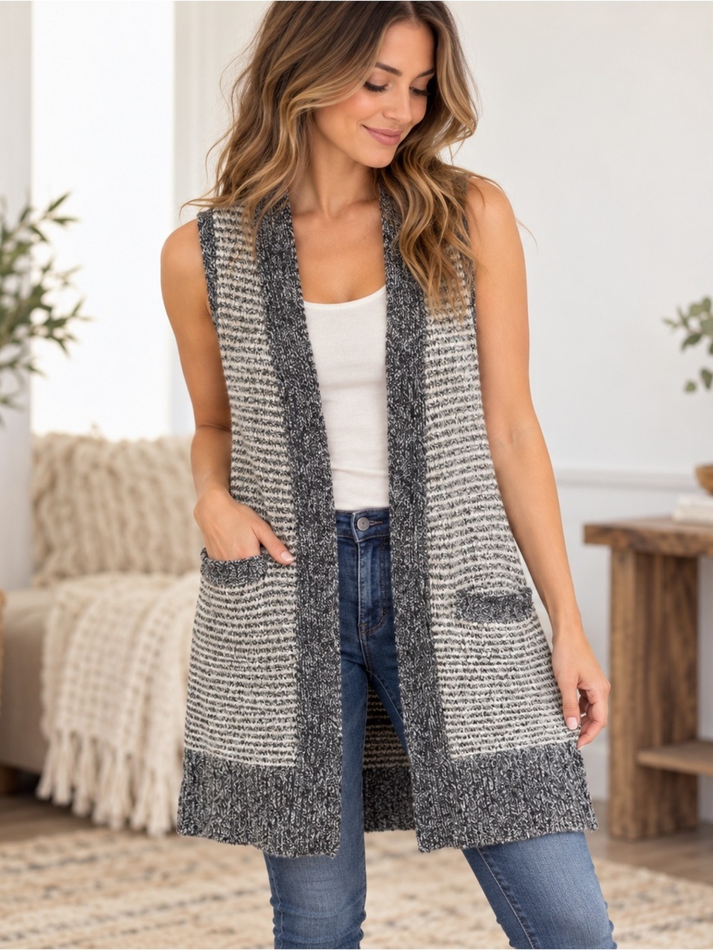 Roots Cabin Canada Sweater Vest Bohemian Style Knit Long Open Gray Size Small